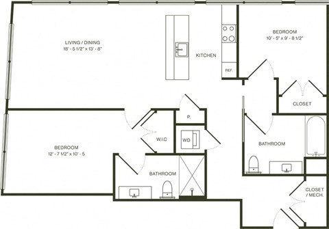 Floor plan for 2 beds, 2 baths, 1035 sqft